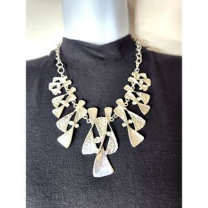 Stylized Angel Bib Statement Necklace Abstract Modernist 16" Silver Tone Rhines